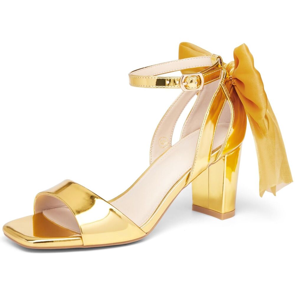 Coutgo Women's Bow Tie Heeled Sandals One Strap Chunky Heel Pumps Gold Size 8